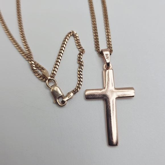 Rose Gold Over S925 Solid Silver Cross Pendant Necklace - Picture 3 of 6